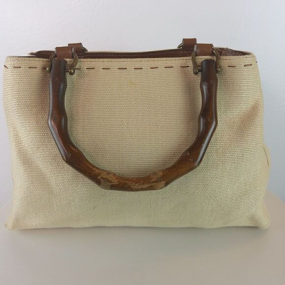 Fossil cream fabric handbag with leather trim, and faux wood handles - Picture 3 of 12
